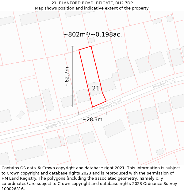 21, BLANFORD ROAD, REIGATE, RH2 7DP: Plot and title map