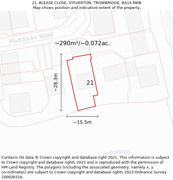 21, BLEASE CLOSE, STAVERTON, TROWBRIDGE, BA14 8WB: Plot and title map