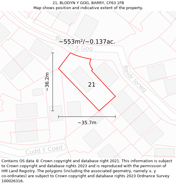 21, BLODYN Y GOG, BARRY, CF63 1FB: Plot and title map