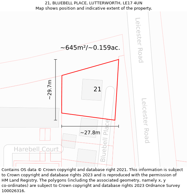 21, BLUEBELL PLACE, LUTTERWORTH, LE17 4UN: Plot and title map