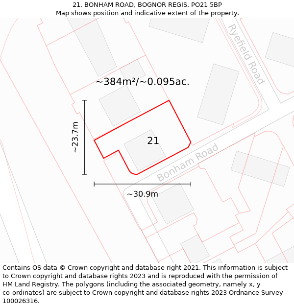 21, BONHAM ROAD, BOGNOR REGIS, PO21 5BP: Plot and title map