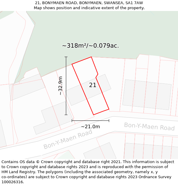 21, BONYMAEN ROAD, BONYMAEN, SWANSEA, SA1 7AW: Plot and title map