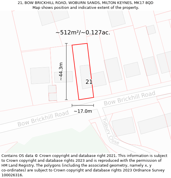 21, BOW BRICKHILL ROAD, WOBURN SANDS, MILTON KEYNES, MK17 8QD: Plot and title map