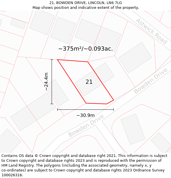21, BOWDEN DRIVE, LINCOLN, LN6 7LG: Plot and title map