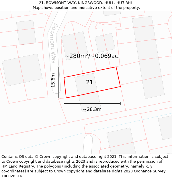 21, BOWMONT WAY, KINGSWOOD, HULL, HU7 3HL: Plot and title map