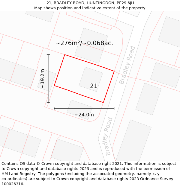 21, BRADLEY ROAD, HUNTINGDON, PE29 6JH: Plot and title map