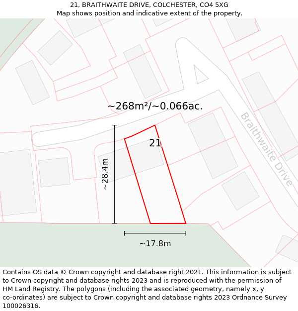 21, BRAITHWAITE DRIVE, COLCHESTER, CO4 5XG: Plot and title map