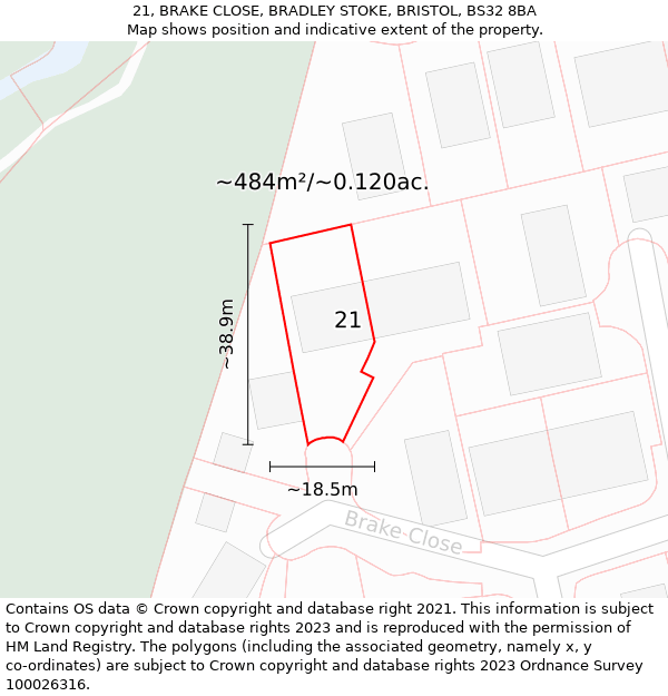 21, BRAKE CLOSE, BRADLEY STOKE, BRISTOL, BS32 8BA: Plot and title map