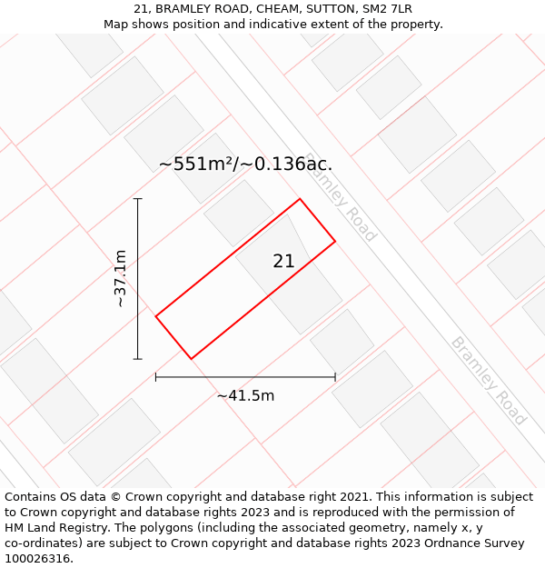 21, BRAMLEY ROAD, CHEAM, SUTTON, SM2 7LR: Plot and title map