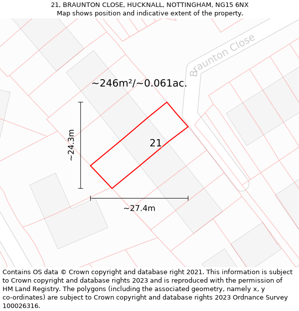 21, BRAUNTON CLOSE, HUCKNALL, NOTTINGHAM, NG15 6NX: Plot and title map