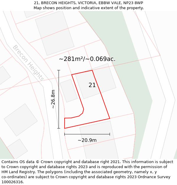 21, BRECON HEIGHTS, VICTORIA, EBBW VALE, NP23 8WP: Plot and title map