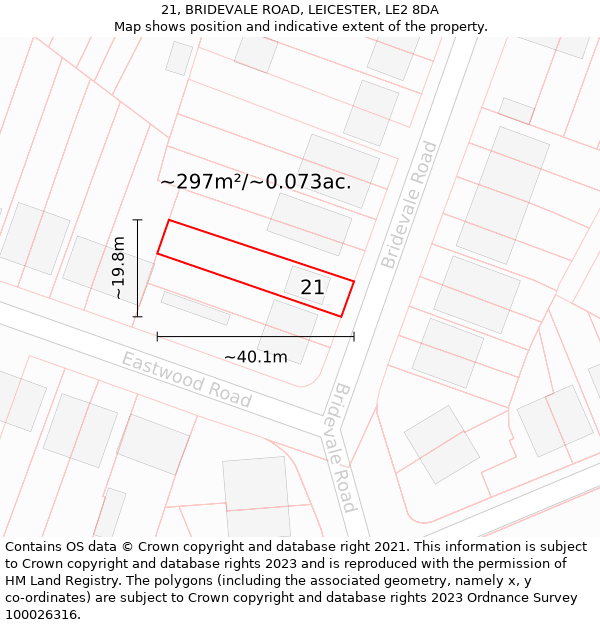 21, BRIDEVALE ROAD, LEICESTER, LE2 8DA: Plot and title map