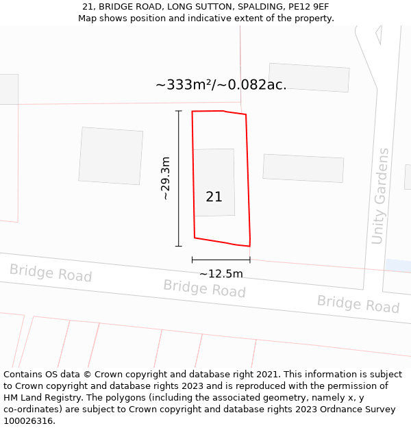 21, BRIDGE ROAD, LONG SUTTON, SPALDING, PE12 9EF: Plot and title map