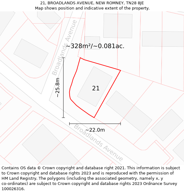 21, BROADLANDS AVENUE, NEW ROMNEY, TN28 8JE: Plot and title map