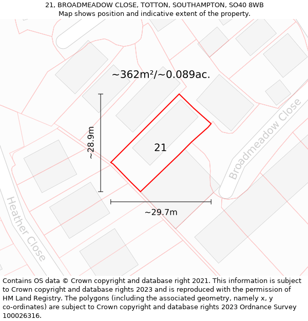21, BROADMEADOW CLOSE, TOTTON, SOUTHAMPTON, SO40 8WB: Plot and title map