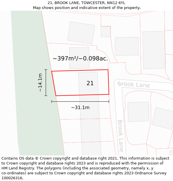 21, BROOK LANE, TOWCESTER, NN12 6YL: Plot and title map