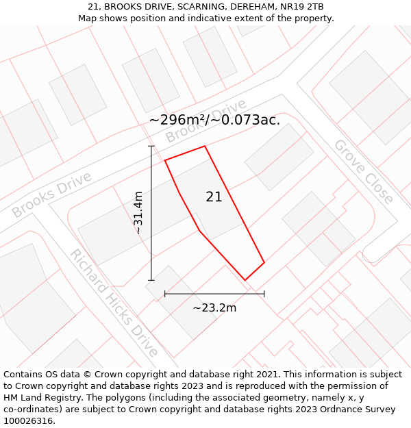 21, BROOKS DRIVE, SCARNING, DEREHAM, NR19 2TB: Plot and title map