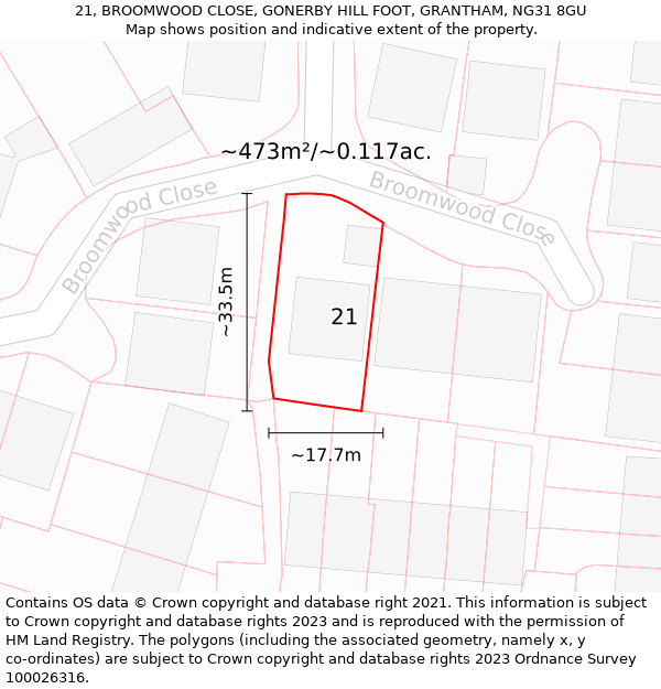 21, BROOMWOOD CLOSE, GONERBY HILL FOOT, GRANTHAM, NG31 8GU: Plot and title map