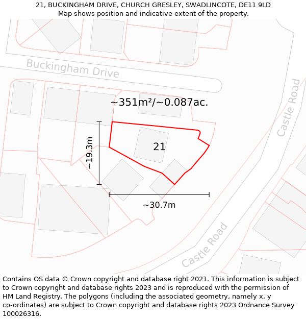 21, BUCKINGHAM DRIVE, CHURCH GRESLEY, SWADLINCOTE, DE11 9LD: Plot and title map