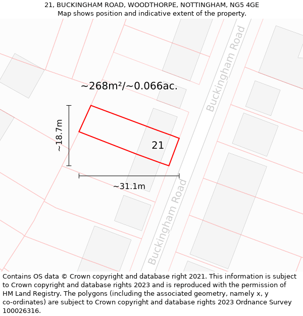 21, BUCKINGHAM ROAD, WOODTHORPE, NOTTINGHAM, NG5 4GE: Plot and title map