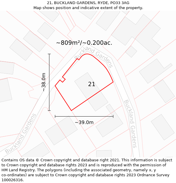 21, BUCKLAND GARDENS, RYDE, PO33 3AG: Plot and title map