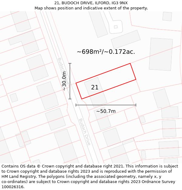 21, BUDOCH DRIVE, ILFORD, IG3 9NX: Plot and title map