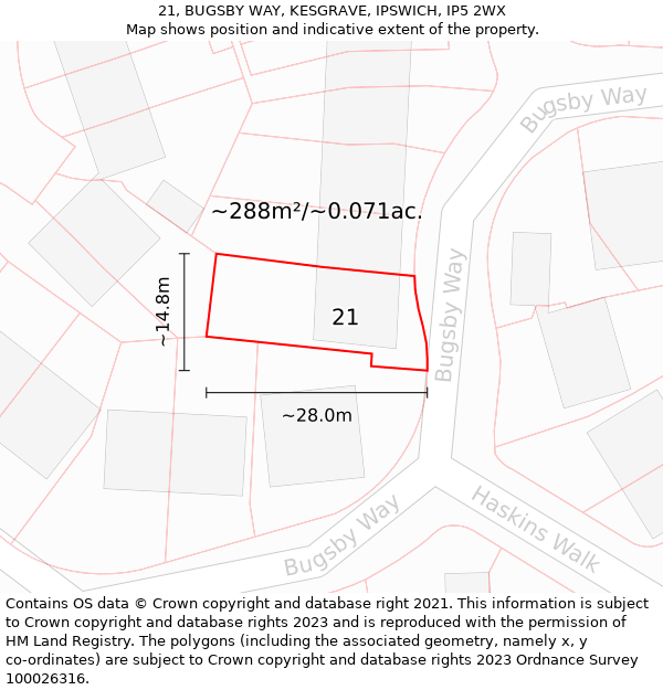 21, BUGSBY WAY, KESGRAVE, IPSWICH, IP5 2WX: Plot and title map