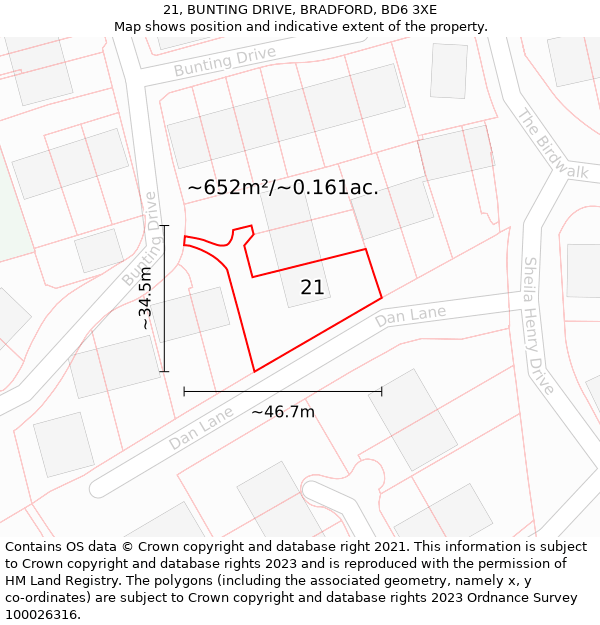 21, BUNTING DRIVE, BRADFORD, BD6 3XE: Plot and title map