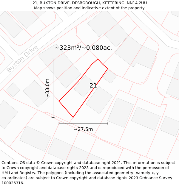 21, BUXTON DRIVE, DESBOROUGH, KETTERING, NN14 2UU: Plot and title map