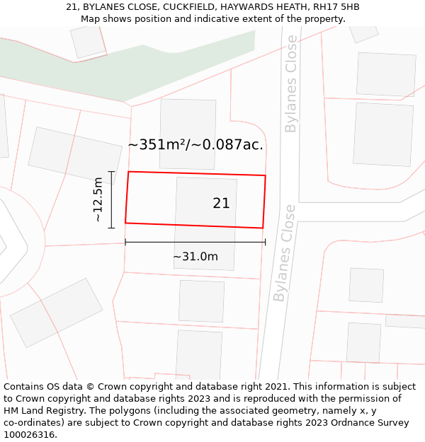 21, BYLANES CLOSE, CUCKFIELD, HAYWARDS HEATH, RH17 5HB: Plot and title map