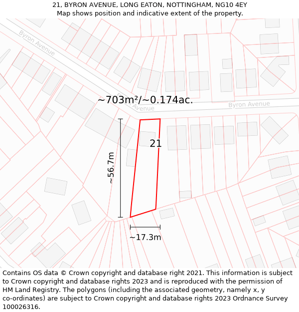 21, BYRON AVENUE, LONG EATON, NOTTINGHAM, NG10 4EY: Plot and title map