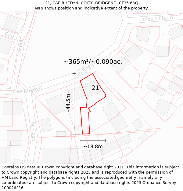 21, CAE RHEDYN, COITY, BRIDGEND, CF35 6AQ: Plot and title map