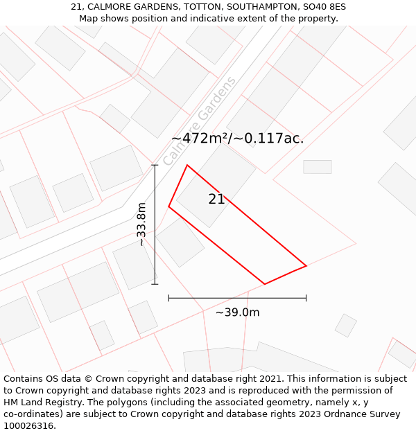 21, CALMORE GARDENS, TOTTON, SOUTHAMPTON, SO40 8ES: Plot and title map