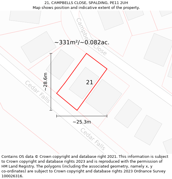 21, CAMPBELLS CLOSE, SPALDING, PE11 2UH: Plot and title map