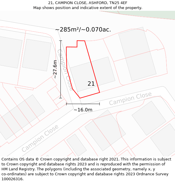 21, CAMPION CLOSE, ASHFORD, TN25 4EF: Plot and title map