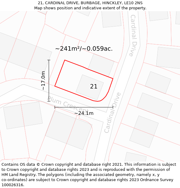 21, CARDINAL DRIVE, BURBAGE, HINCKLEY, LE10 2NS: Plot and title map