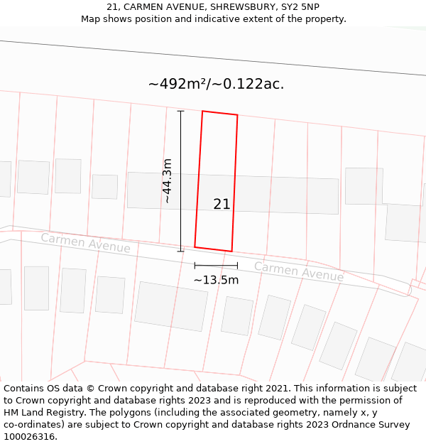 21, CARMEN AVENUE, SHREWSBURY, SY2 5NP: Plot and title map