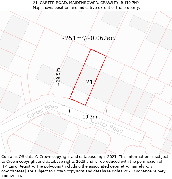 21, CARTER ROAD, MAIDENBOWER, CRAWLEY, RH10 7NY: Plot and title map