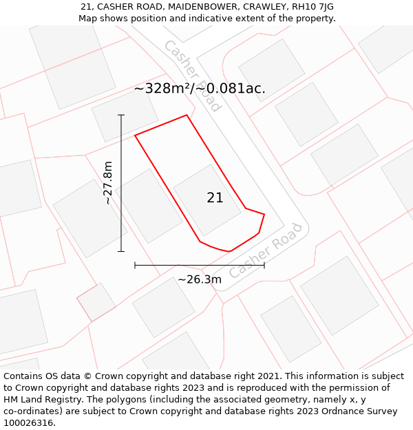 21, CASHER ROAD, MAIDENBOWER, CRAWLEY, RH10 7JG: Plot and title map