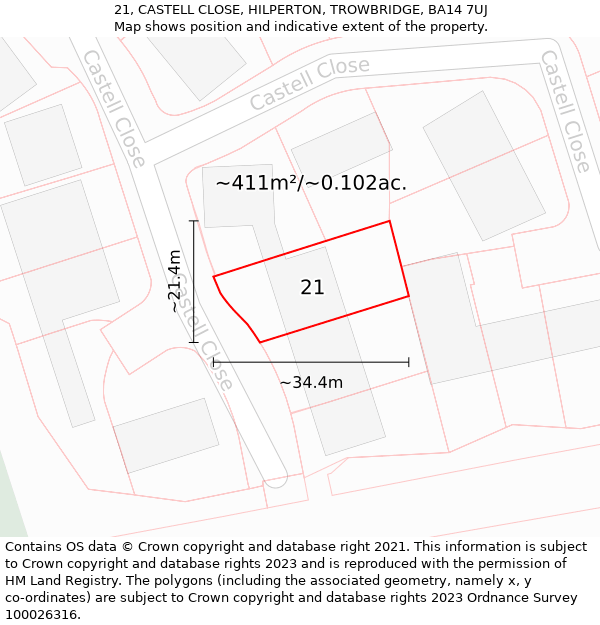 21, CASTELL CLOSE, HILPERTON, TROWBRIDGE, BA14 7UJ: Plot and title map