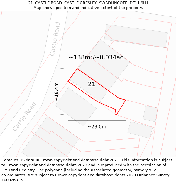 21, CASTLE ROAD, CASTLE GRESLEY, SWADLINCOTE, DE11 9LH: Plot and title map