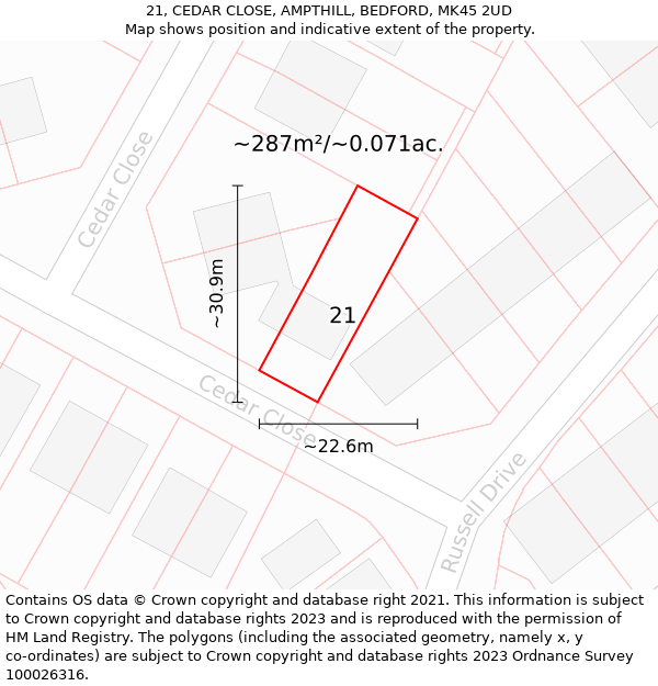 21, CEDAR CLOSE, AMPTHILL, BEDFORD, MK45 2UD: Plot and title map