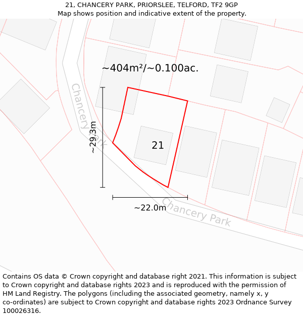 21, CHANCERY PARK, PRIORSLEE, TELFORD, TF2 9GP: Plot and title map