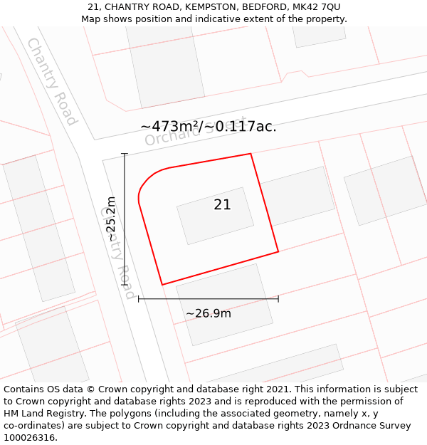 21, CHANTRY ROAD, KEMPSTON, BEDFORD, MK42 7QU: Plot and title map