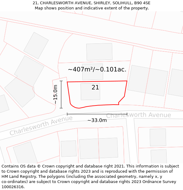 21, CHARLESWORTH AVENUE, SHIRLEY, SOLIHULL, B90 4SE: Plot and title map