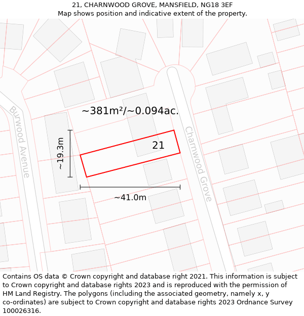 21, CHARNWOOD GROVE, MANSFIELD, NG18 3EF: Plot and title map