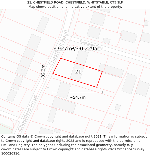 21, CHESTFIELD ROAD, CHESTFIELD, WHITSTABLE, CT5 3LF: Plot and title map