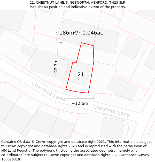 21, CHESTNUT LANE, KINGSNORTH, ASHFORD, TN23 3LR: Plot and title map