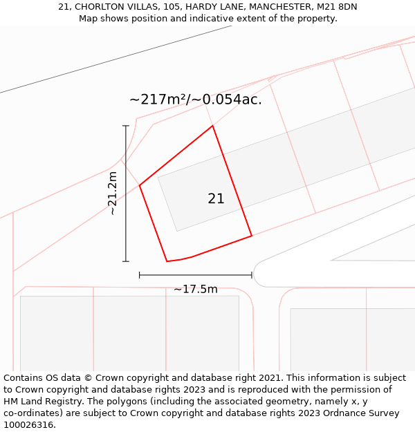 21, CHORLTON VILLAS, 105, HARDY LANE, MANCHESTER, M21 8DN: Plot and title map