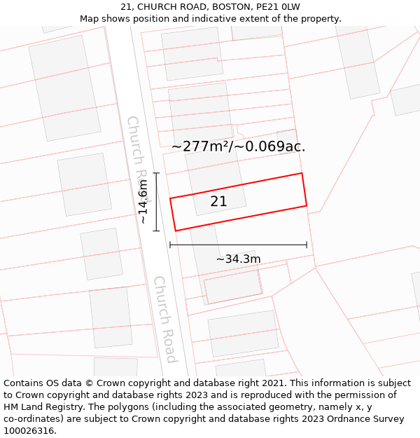 21, CHURCH ROAD, BOSTON, PE21 0LW: Plot and title map